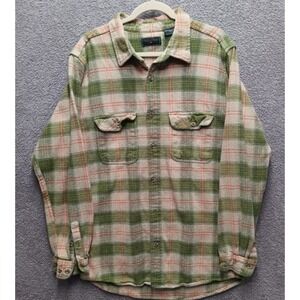 Field & Stream Heavy Green Plaid Flannel Shirt Mens LT Tall 100% Cotton Outdoor